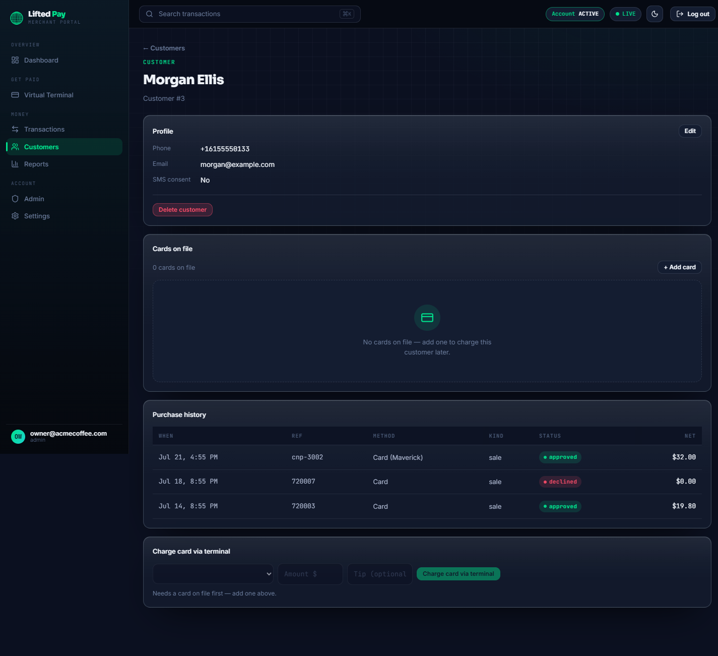 Lifted Pay merchant portal customer profile — cards on file and purchase history.