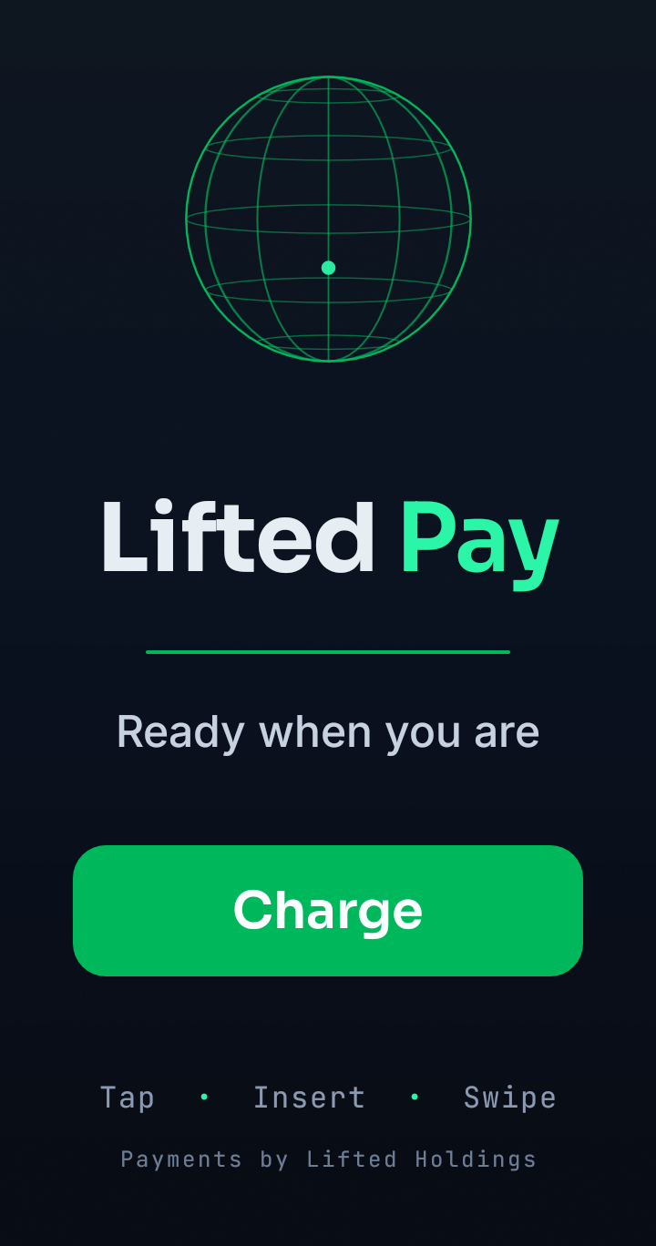 Lifted Pay terminal idle screen on a PAX A920: Lifted globe, Ready when you are, Tap · Insert · Swipe.
