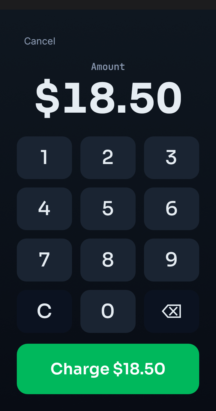 Lifted Pay keypad on a PAX A920 with $18.50 entered and a green Charge $18.50 button.