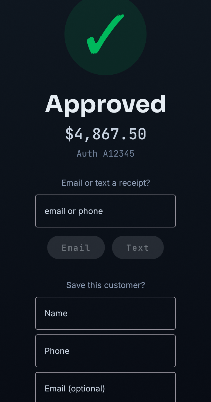Lifted Pay approved result on a PAX A920 — $4,867.50, auth code, and email or text receipt options, then save the customer.
