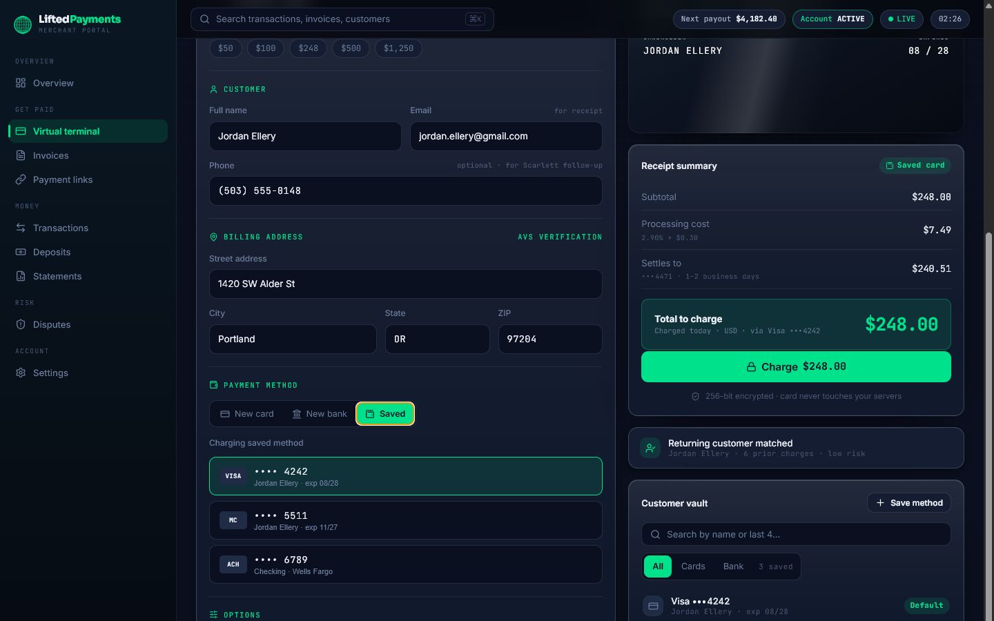 Product preview of the Lifted Gateway saved-card charge workflow; this self-service route is not live.