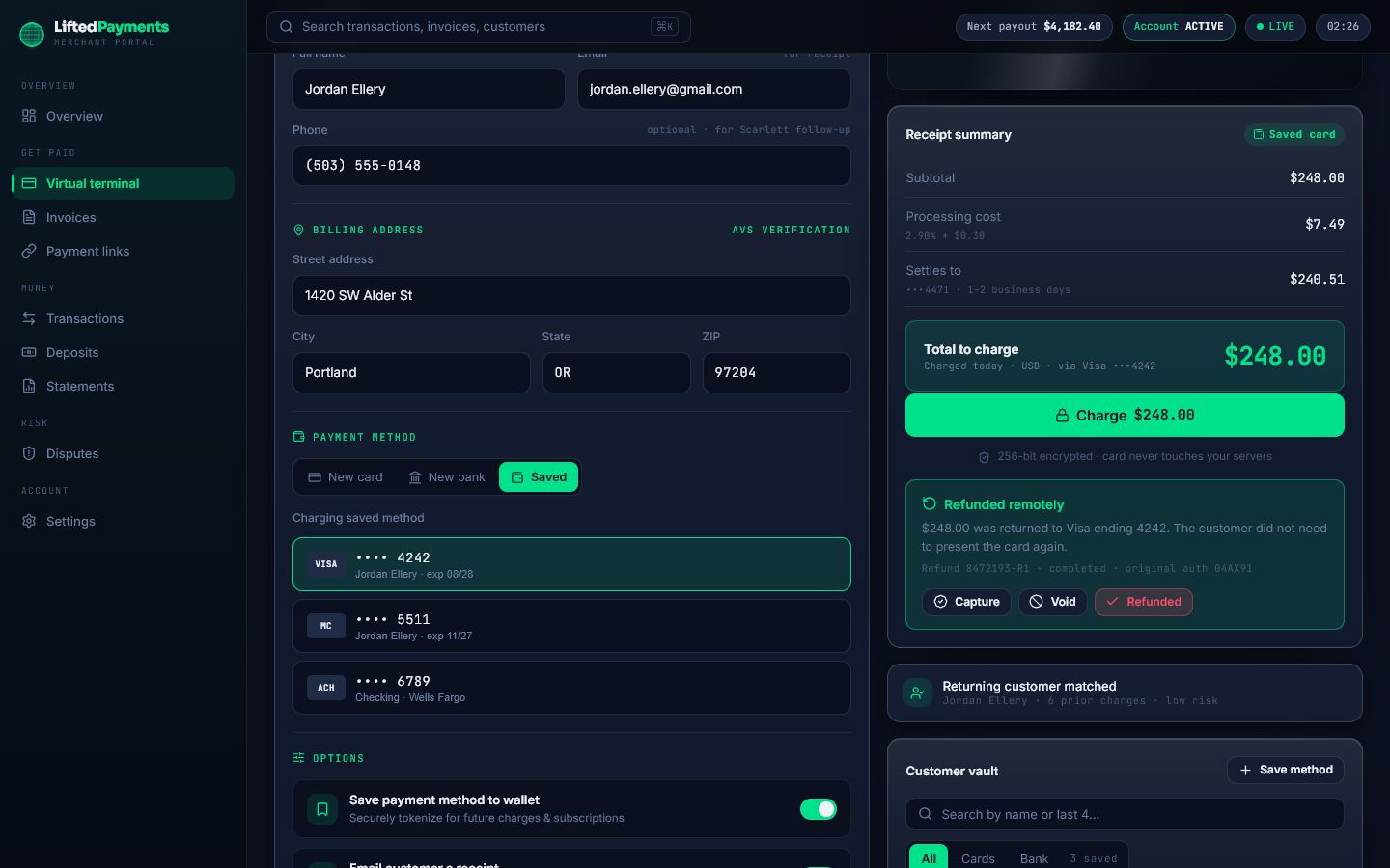 Lifted Gateway live refund workflow for a qualifying completed transaction.