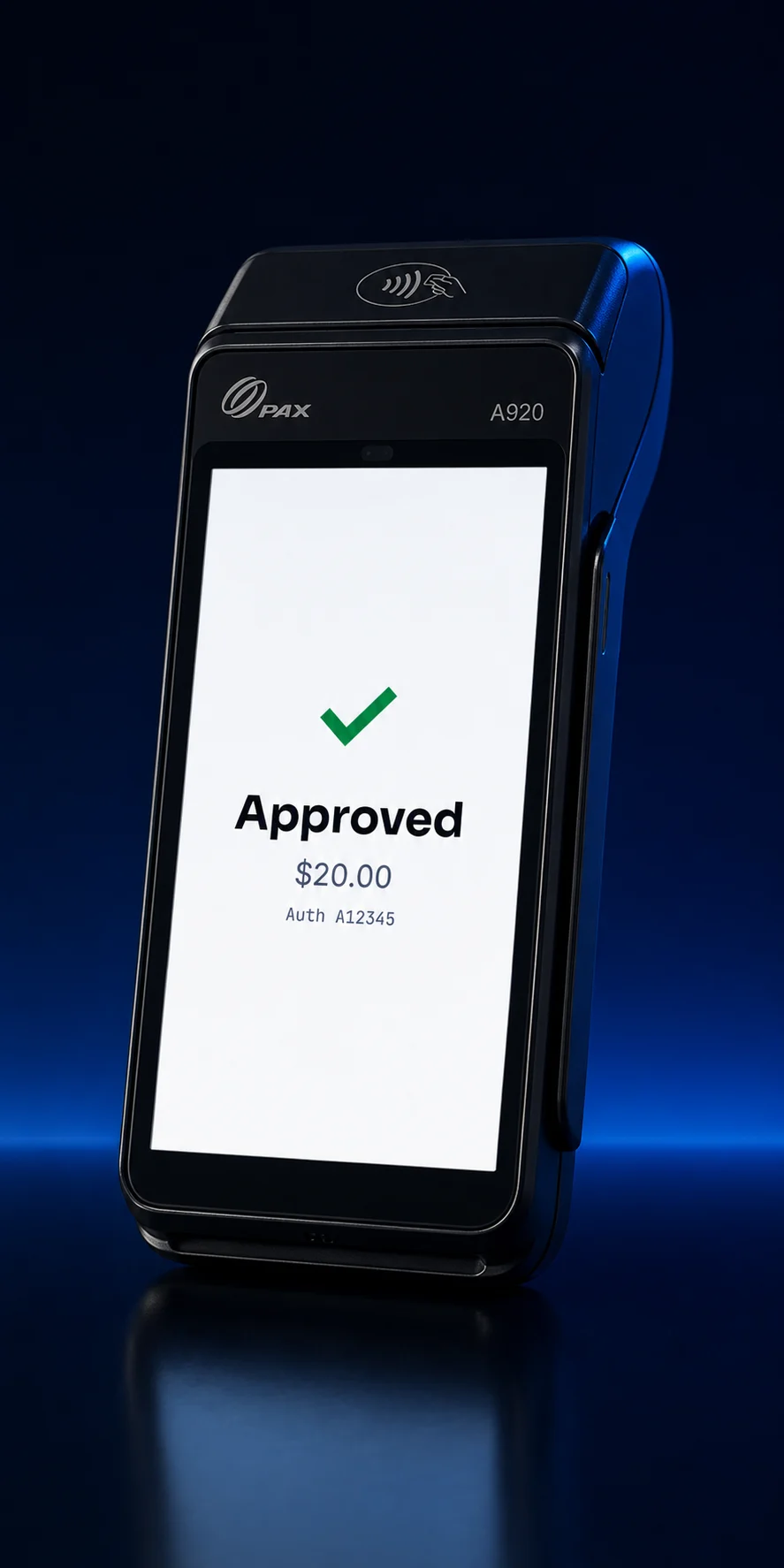 Black PAX A920 terminal showing Lifted Connect's approved $20 payment result.