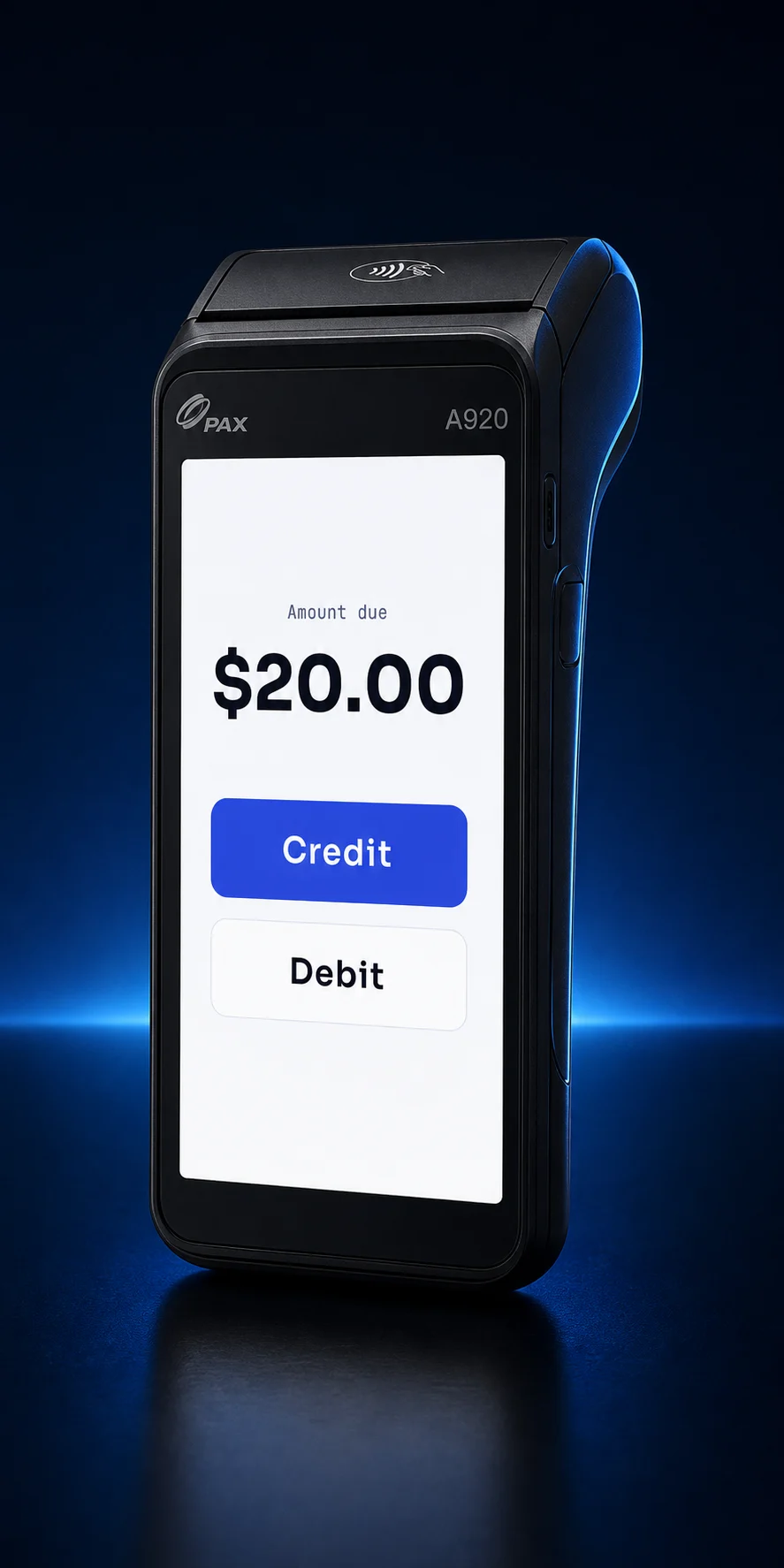Black PAX A920 terminal showing Lifted Connect's $20 credit or debit choice.