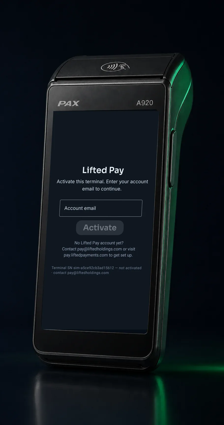 Lifted Pay first-boot activation screen photographed in the display of a PAX A920 smart terminal.