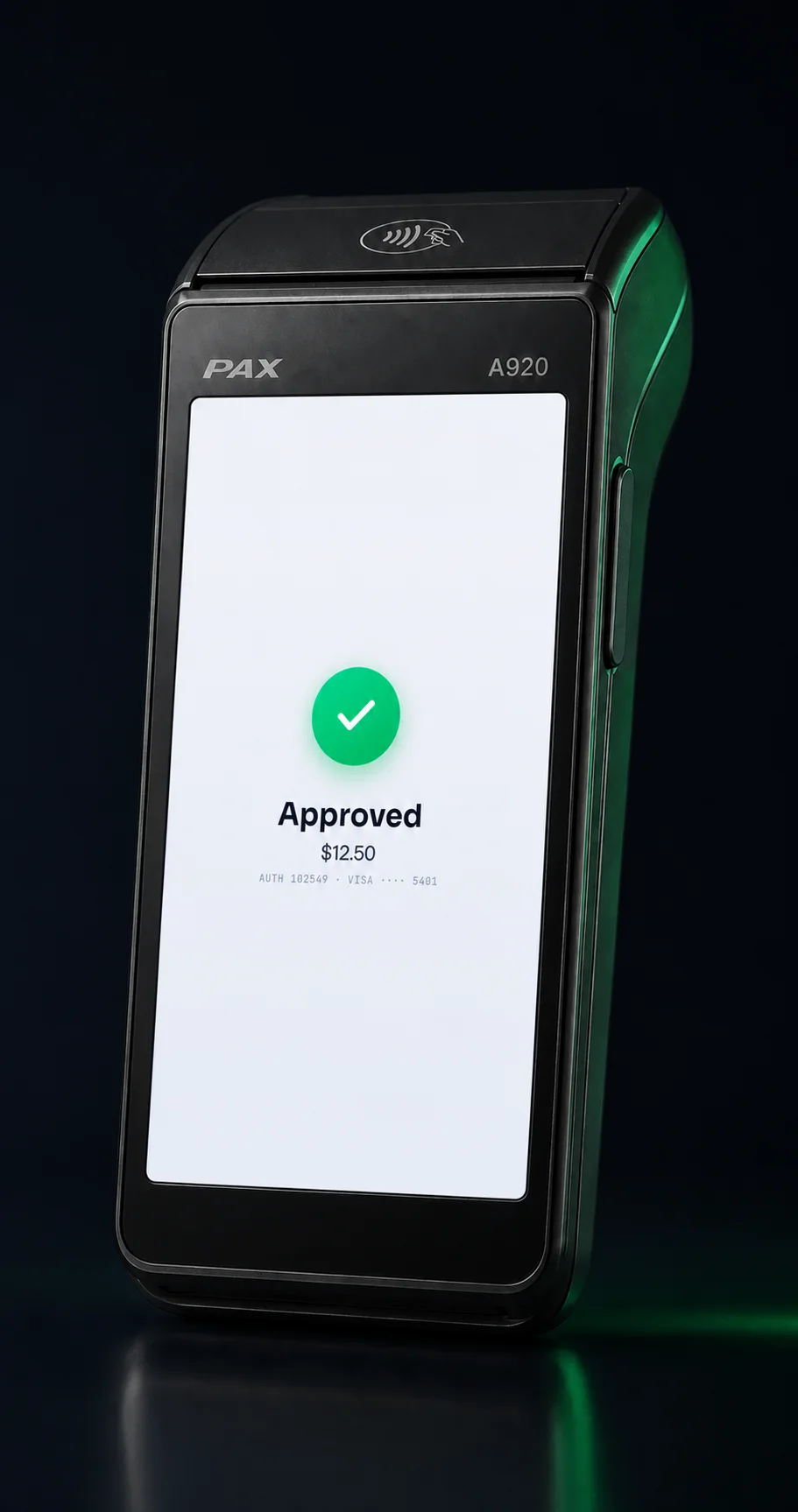 Lifted Pay approved transaction and receipt options photographed in the display of a PAX A920 smart terminal.