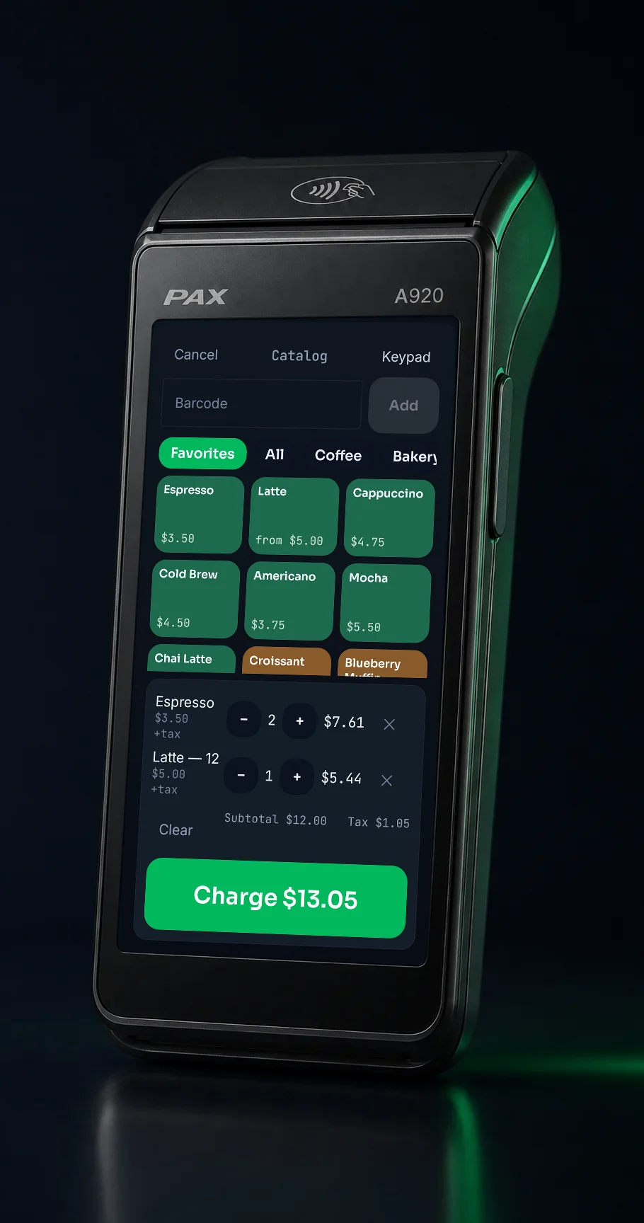 Lifted Pay catalog sale on a PAX A920 — category tabs, favorites grid, and a running cart with item quantities and a Charge total.