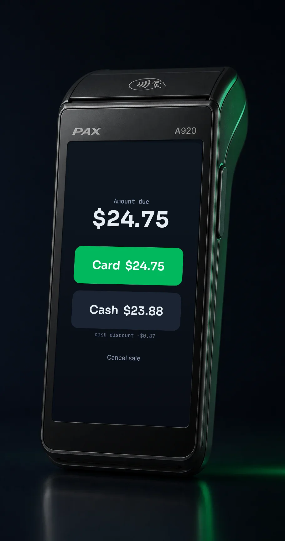 Lifted Pay dual-pricing tender screen on a PAX A920 showing the amount due with a card price and a lower cash price before payment.