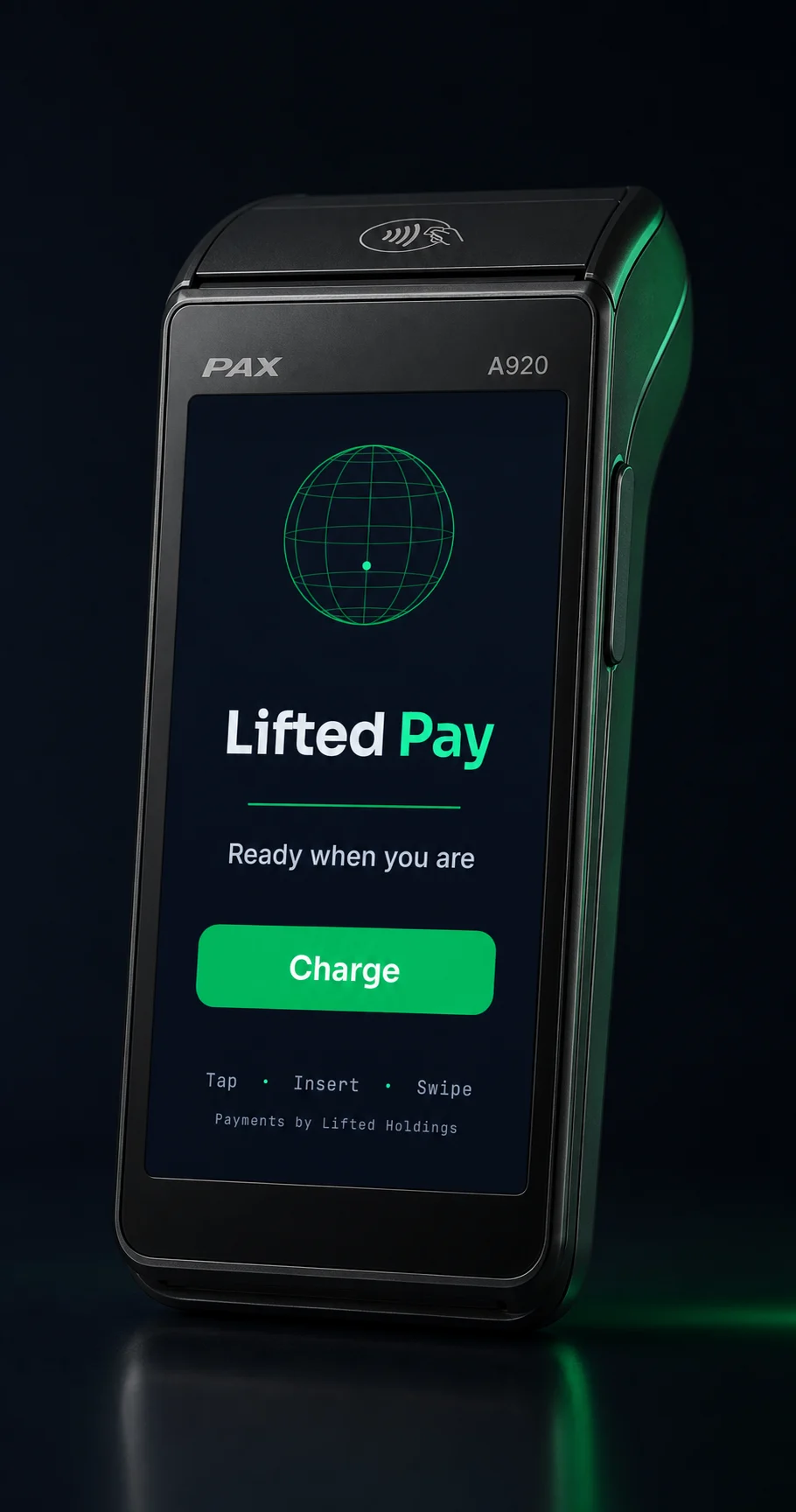 Lifted Pay's real application screen displayed inside a black PAX A920 terminal.
