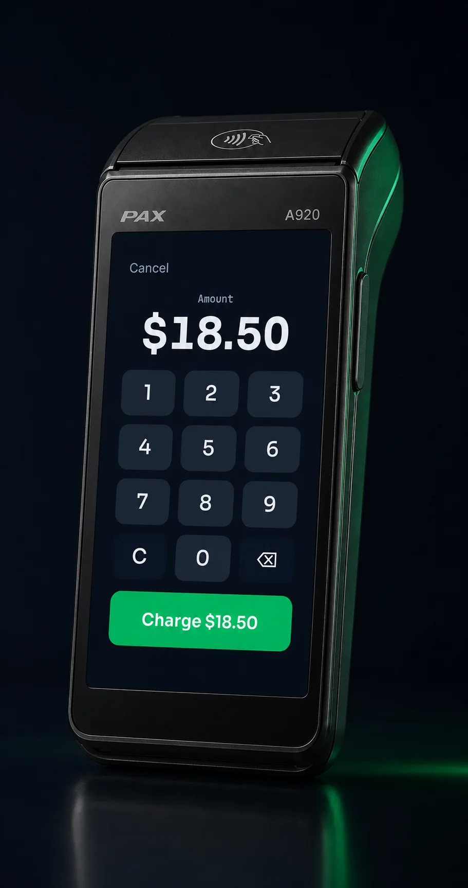 Lifted Pay amount-entry screen displayed in a complete PAX A920 terminal.