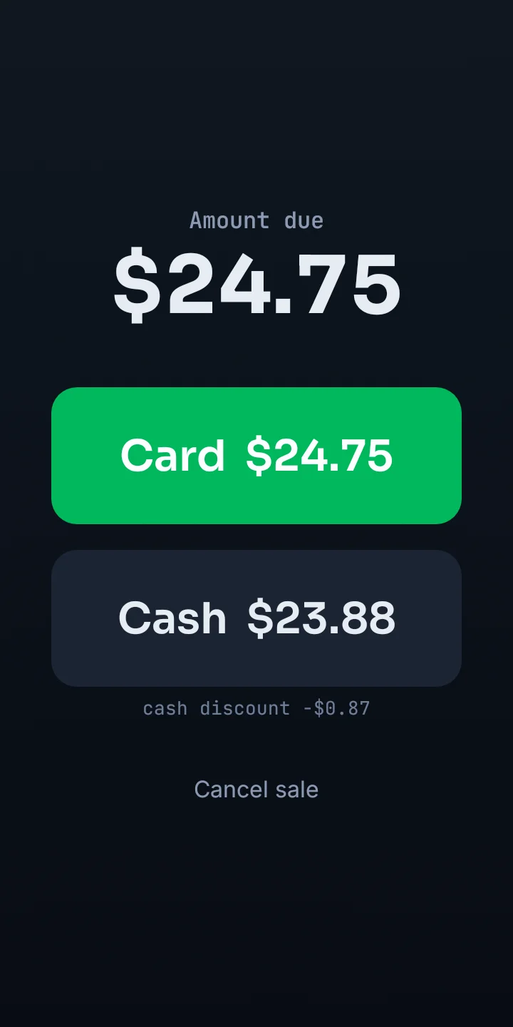 Lifted Pay tender screen on a PAX A920 showing the amount due with a card price and a lower cash price before the customer pays.