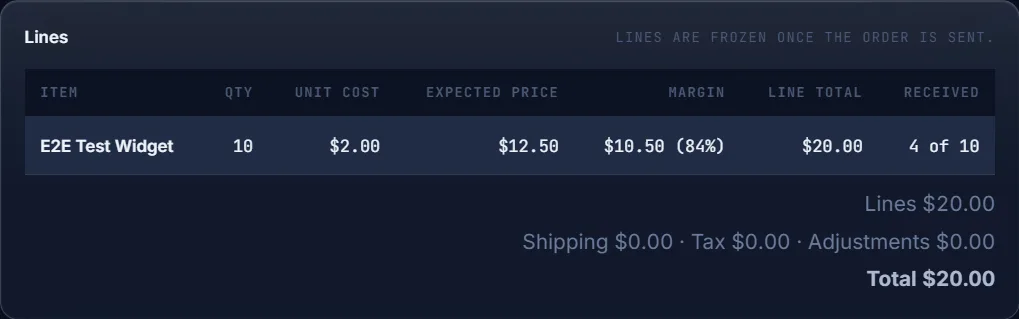 Zoomed clip of a Lifted Pay purchase-order receive line — quantity received against ordered, locked line cost, and the weighted-average cost recompute.