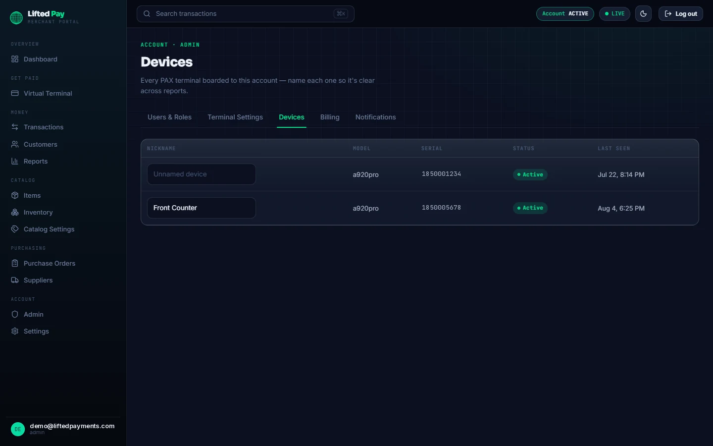 Lifted Pay merchant portal Devices page showing boarded PAX A920 Pro terminals with active status and last-seen times.