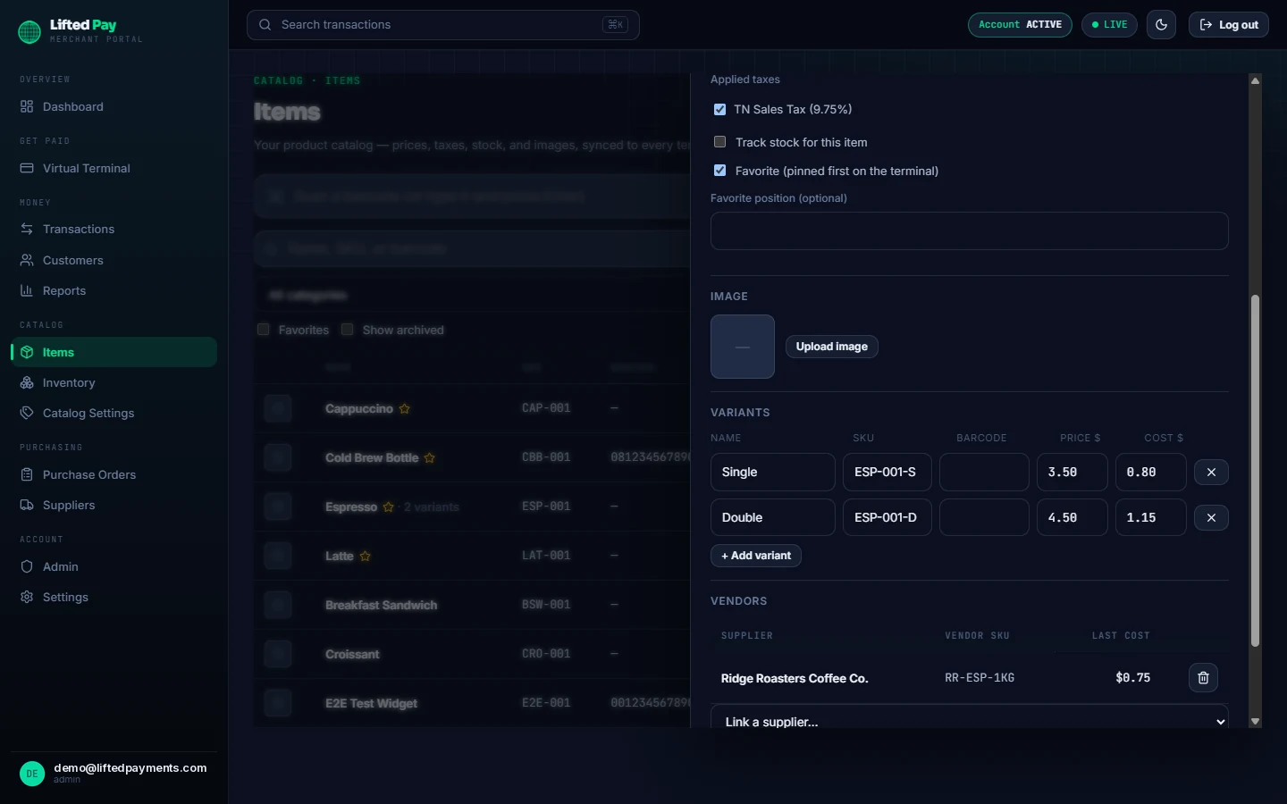 Lifted Pay merchant portal item editor with applied taxes, stock tracking, favorites, image upload, per-variant price and cost, and a linked supplier with vendor SKU and last cost.