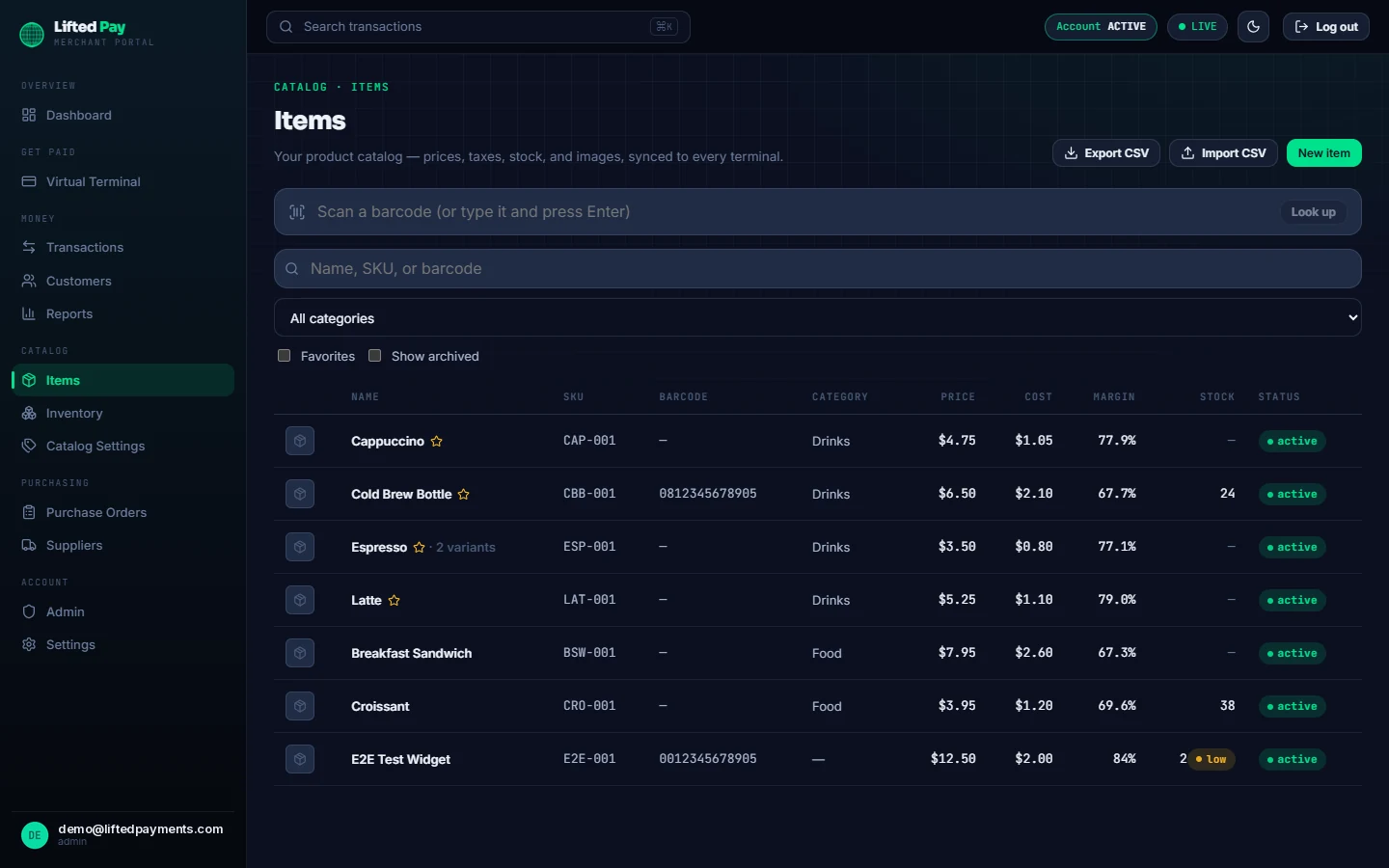 Lifted Pay merchant portal item catalog listing name, SKU, barcode, category, price, cost, margin, stock, and status for each item, with barcode lookup and CSV import and export.