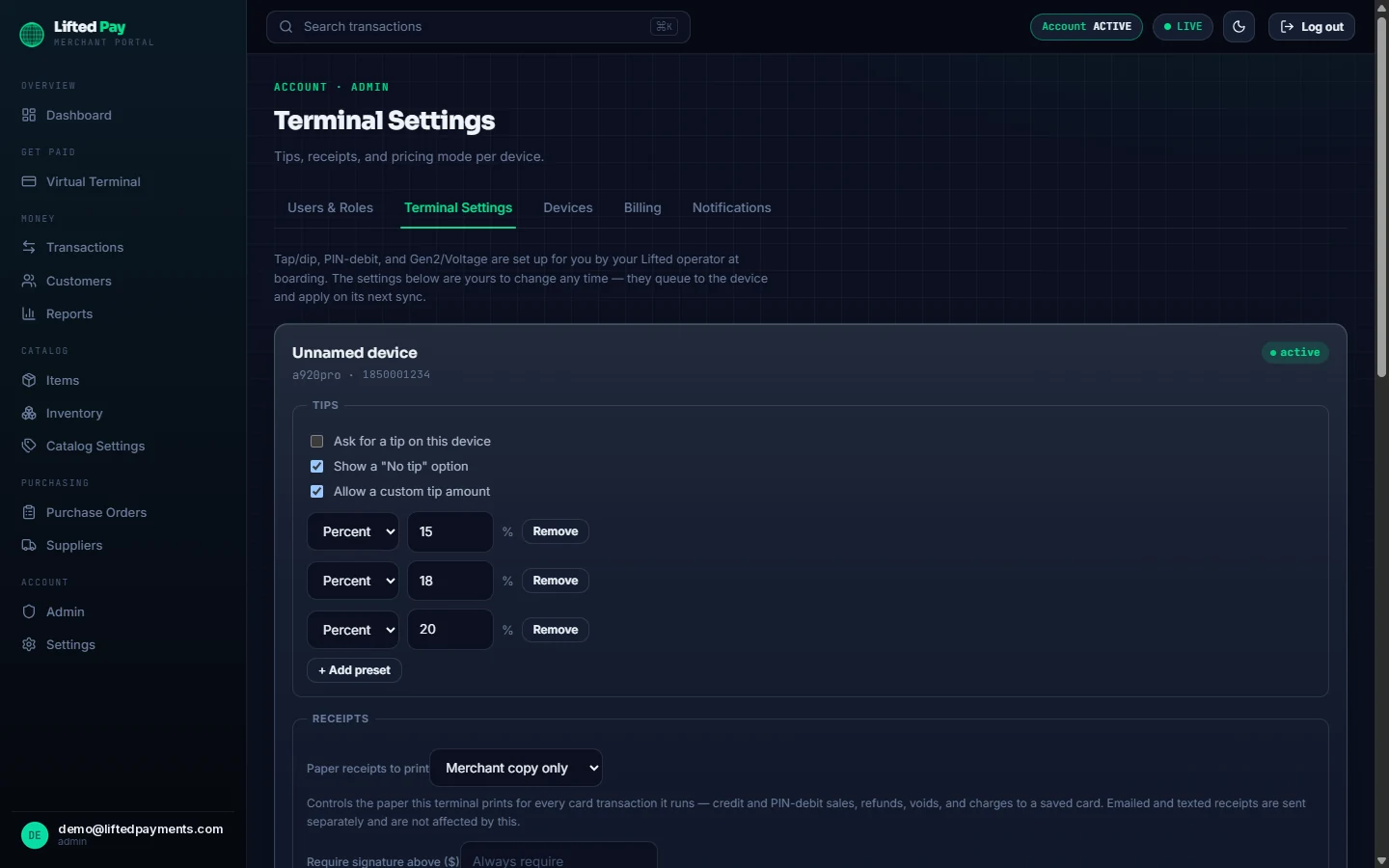 Lifted Pay merchant portal Terminal Settings — per-device tip presets and the paper-receipt copies setting, queued to the device and applied on its next sync.